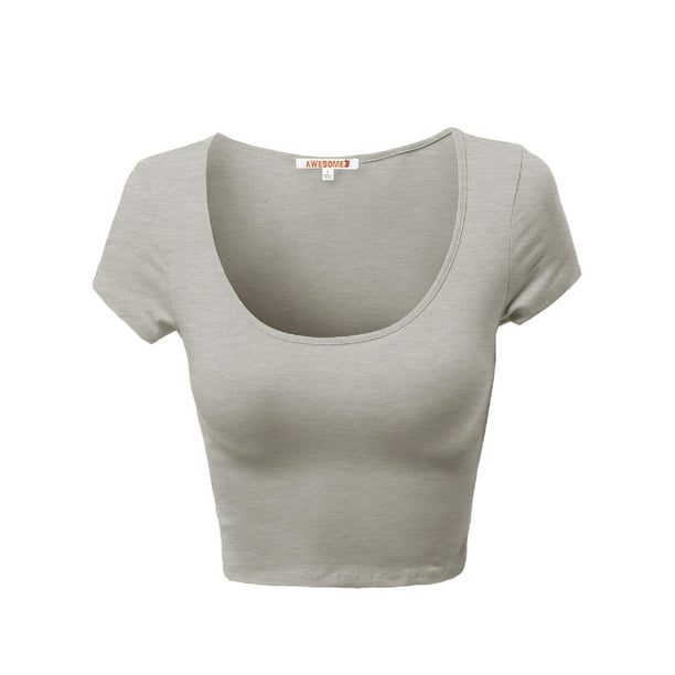 Womens Basic Solid Scoop Neck Slim Fit Short Sleeves Crop Tops